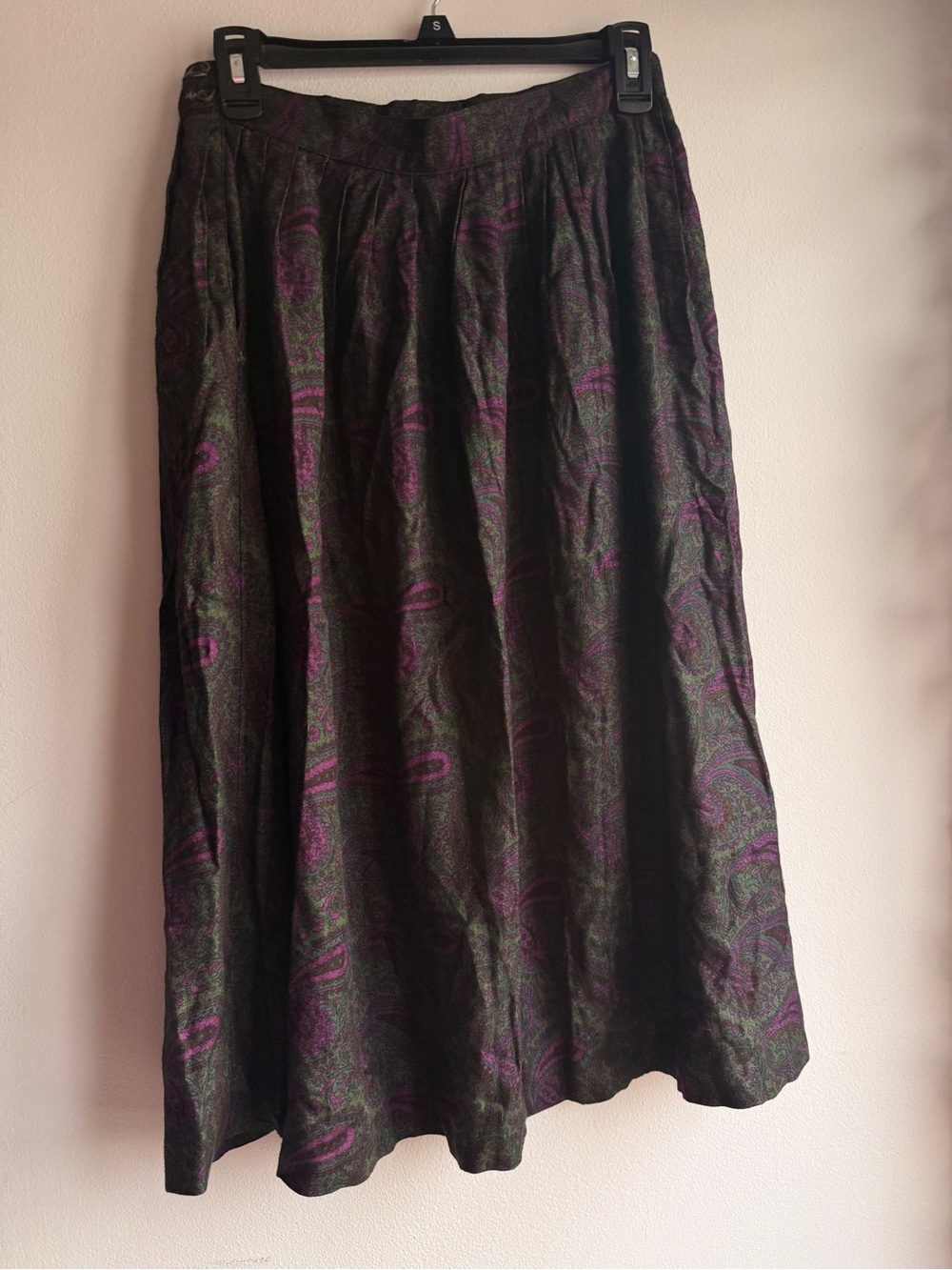 Vintage Herman Geist Paisley Pleated Midi Skirt Green Purple Black